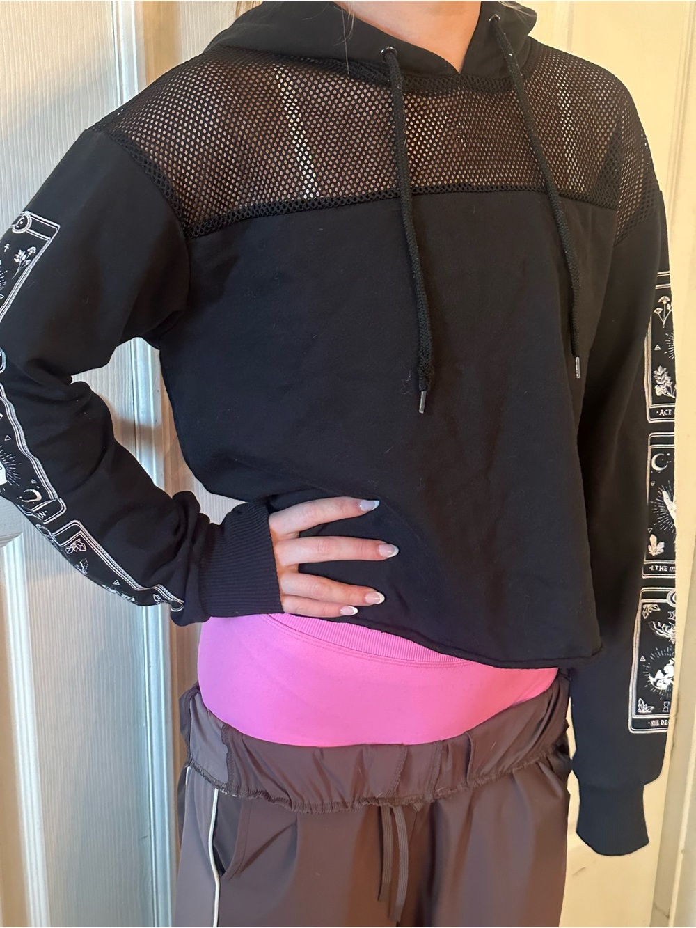 Midnight Hour Black Mesh-Panel cropped Hoodie goth tarot card Halloween small S